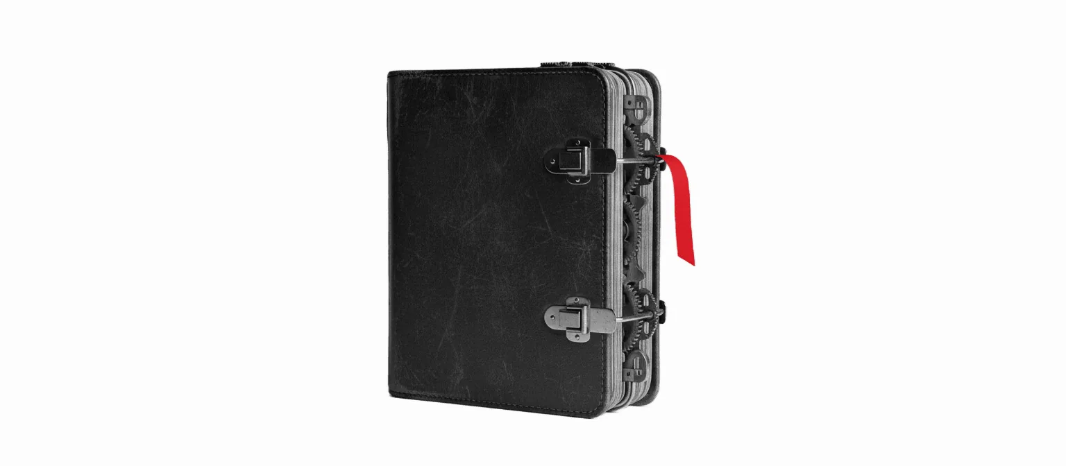 B&W 1950s vintage accordion-style legal due-diligence binder with brass clasps and a vivid red bookmark tag protruding from between sections