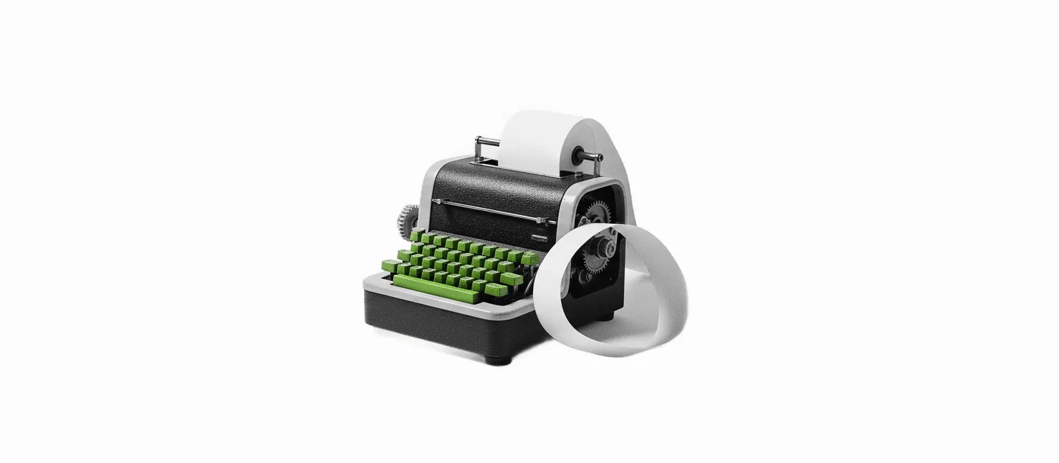A 1960s mechanical adding machine with paper tape spooling out, three-quarter angle, vivid green keys — visual metaphor for accounting AI in 2026: specific tools doing specific jobs.