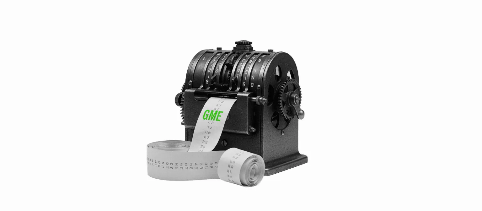 B&W 1950s mechanical brokerage office stock-ticker tape machine, paper tape spilling out with a vivid green stock symbol
