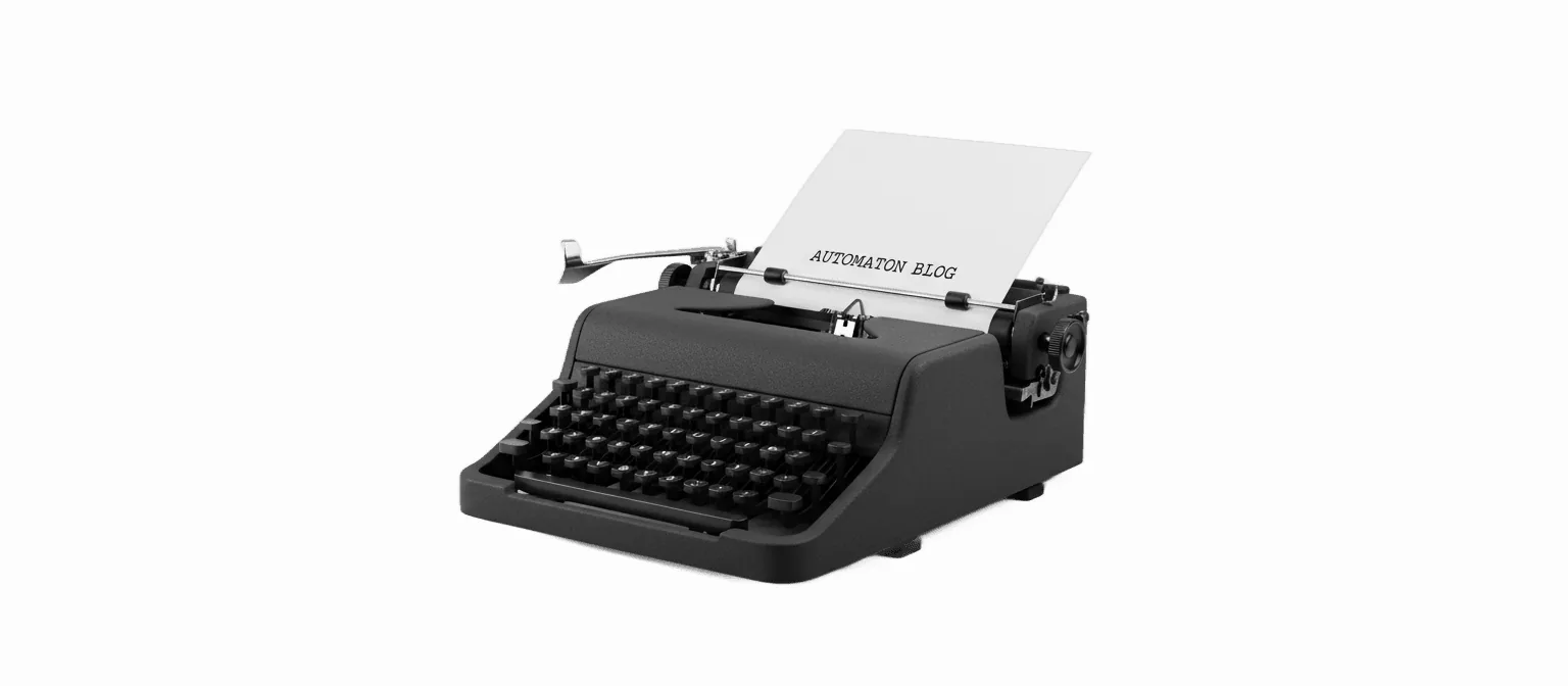 B&W 1960s mechanical typewriter with a single fresh sheet of paper rolled into the platen, showing only a single typed heading line. Vivid red typewriter ribbon visible on the left spool — the single pop of color in the frame.