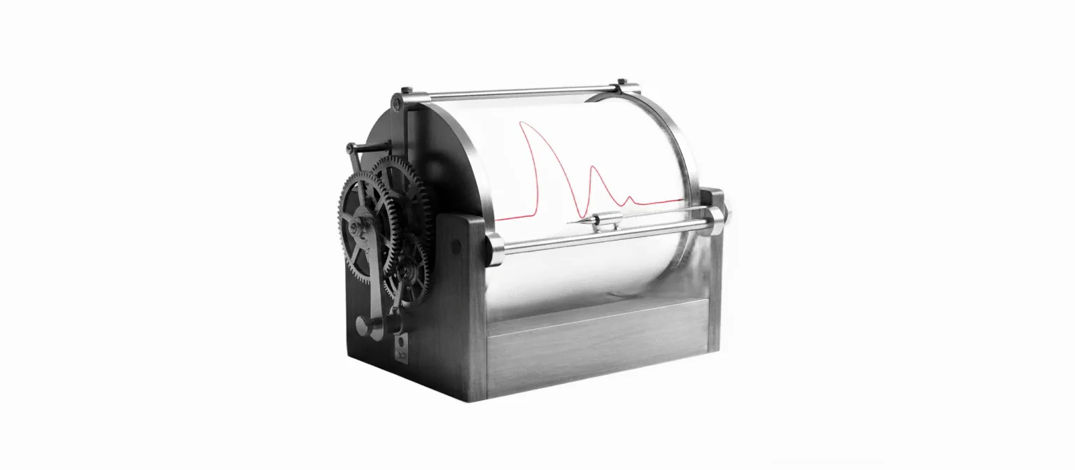 B&W 1960s mechanical seismograph drum recording a wave-shaped trace, vivid red ink line on the paper roll