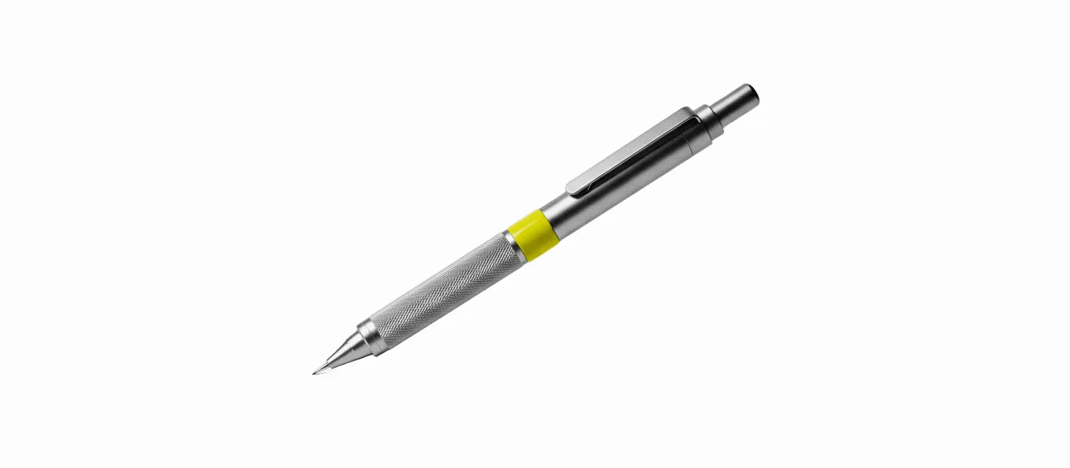 A mechanical pencil with a single vivid yellow band on the grip, close three-quarter view on a white background