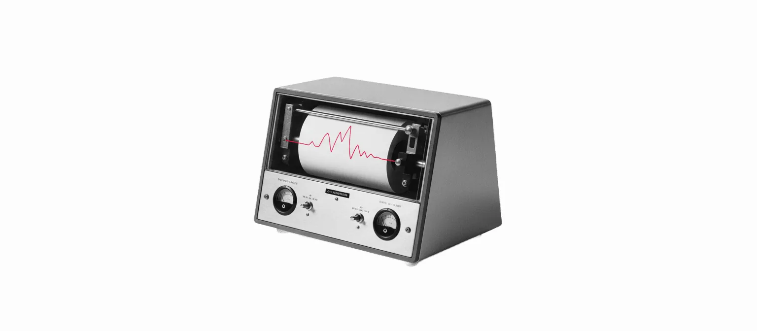 Vintage drum chart recorder mid-operation, drawing a single vivid red trace line across white paper — a running instrument, monitored, not idle