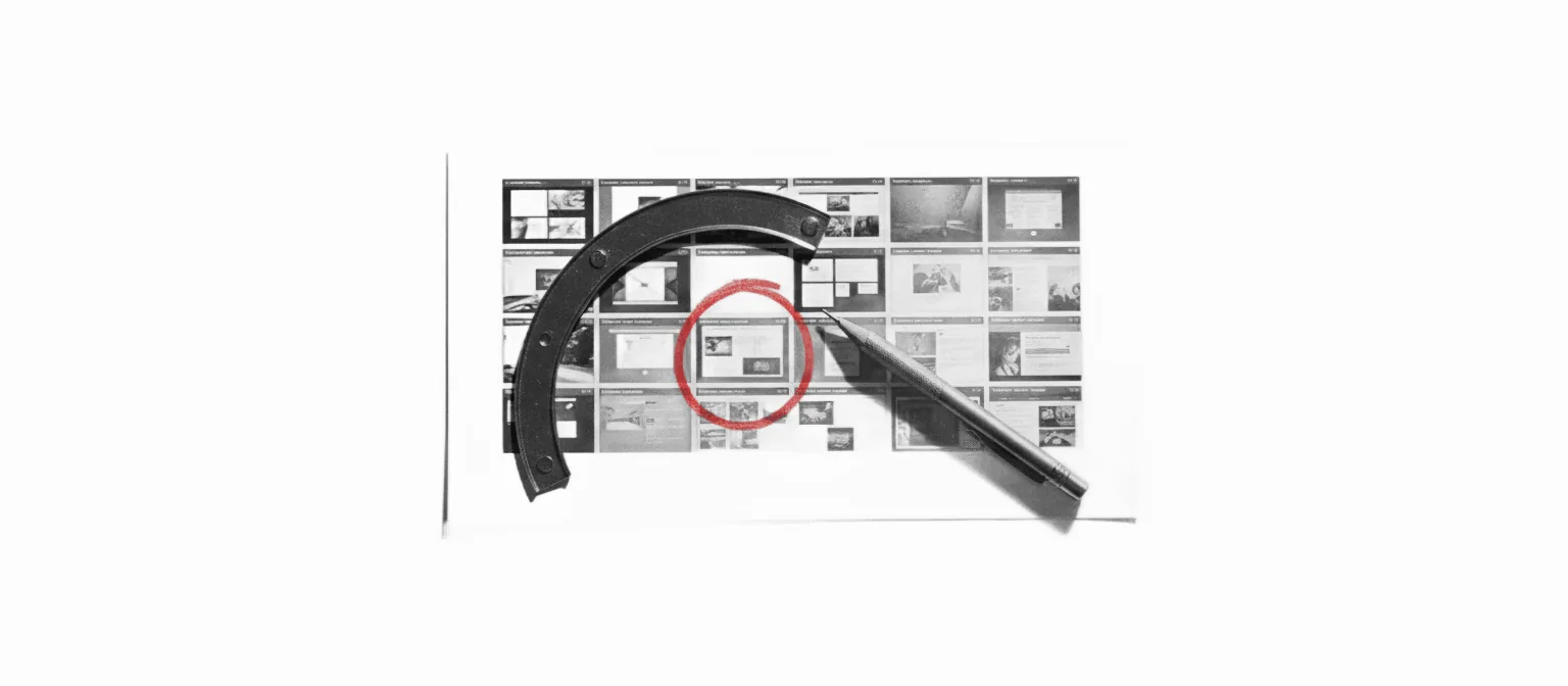 A designer's french curve and drafting pencil on a contact sheet of near-identical website layouts, one circled in red grease pencil — human taste selecting from the machine's options