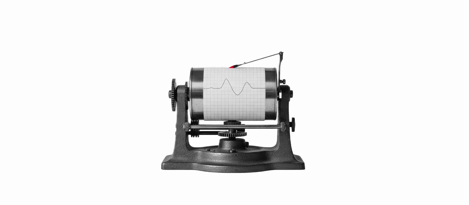 A black-and-white vintage seismograph recording drum with a single vivid red needle tracing a continuous line across graph paper — the citation-ledger metaphor.