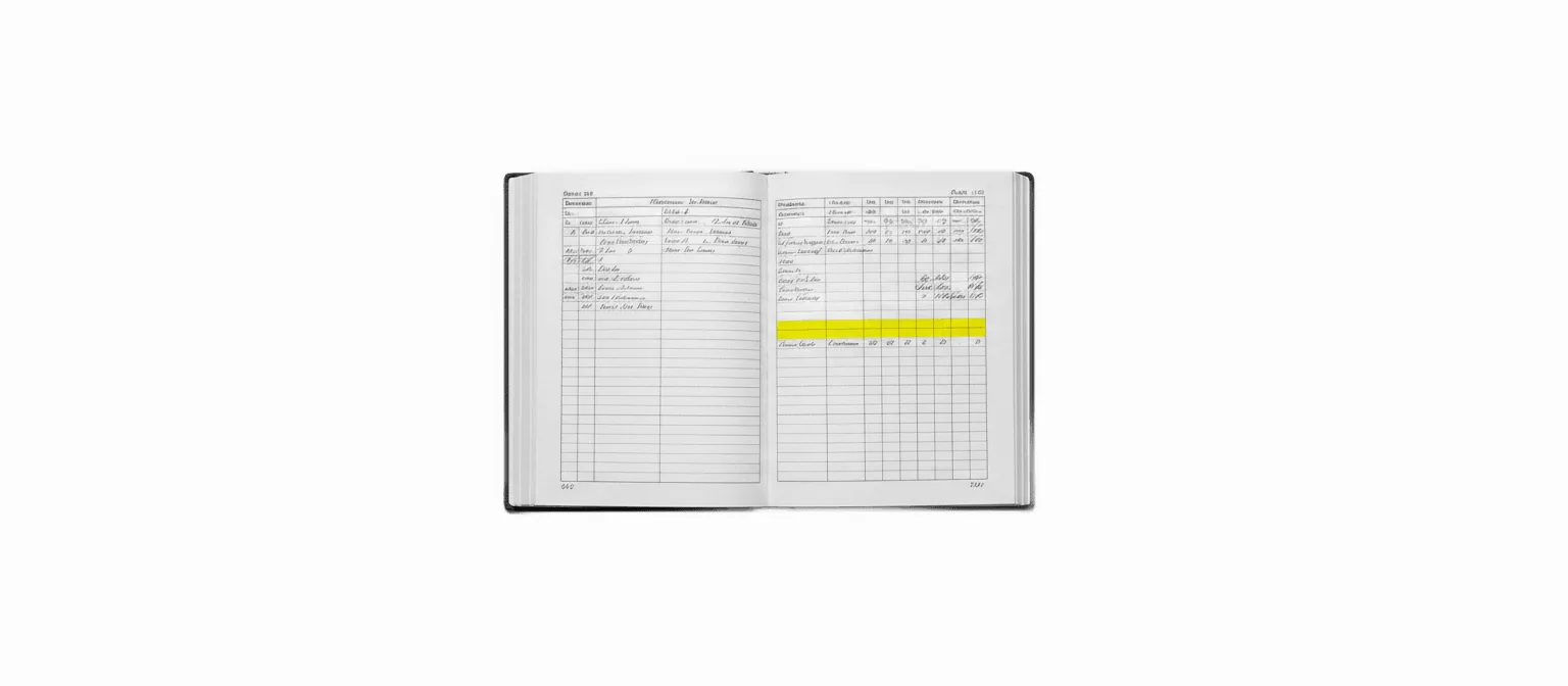 An open accountant's ledger book with a single row highlighted in vivid yellow, on a white background