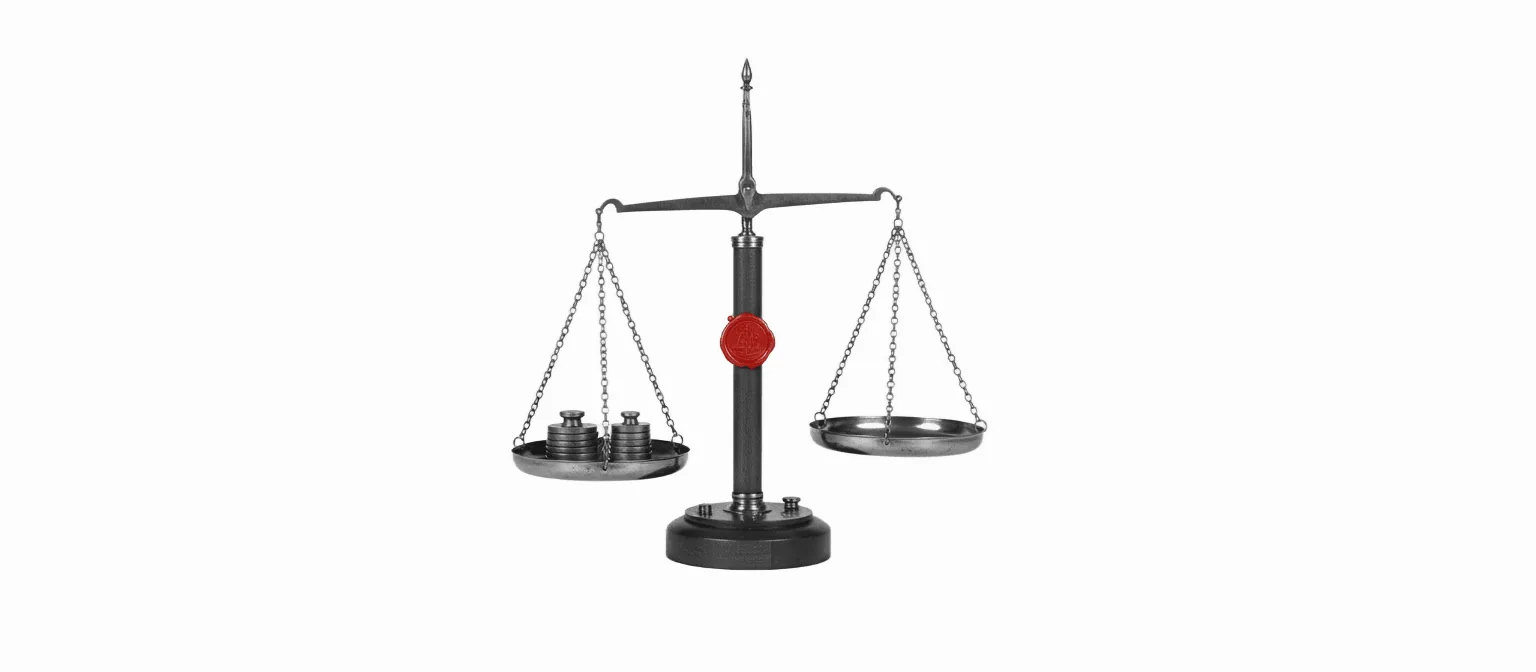 B&W 1920s scales of justice mechanical balance with brass weights, vivid red legal seal stamped on the central column