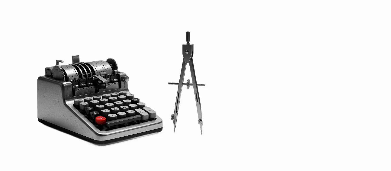 Black-and-white photograph of a vintage 1960s mechanical office calculator beside a precision draftsman's drawing compass on a white background, with a single vivid red TOTAL button on the calculator