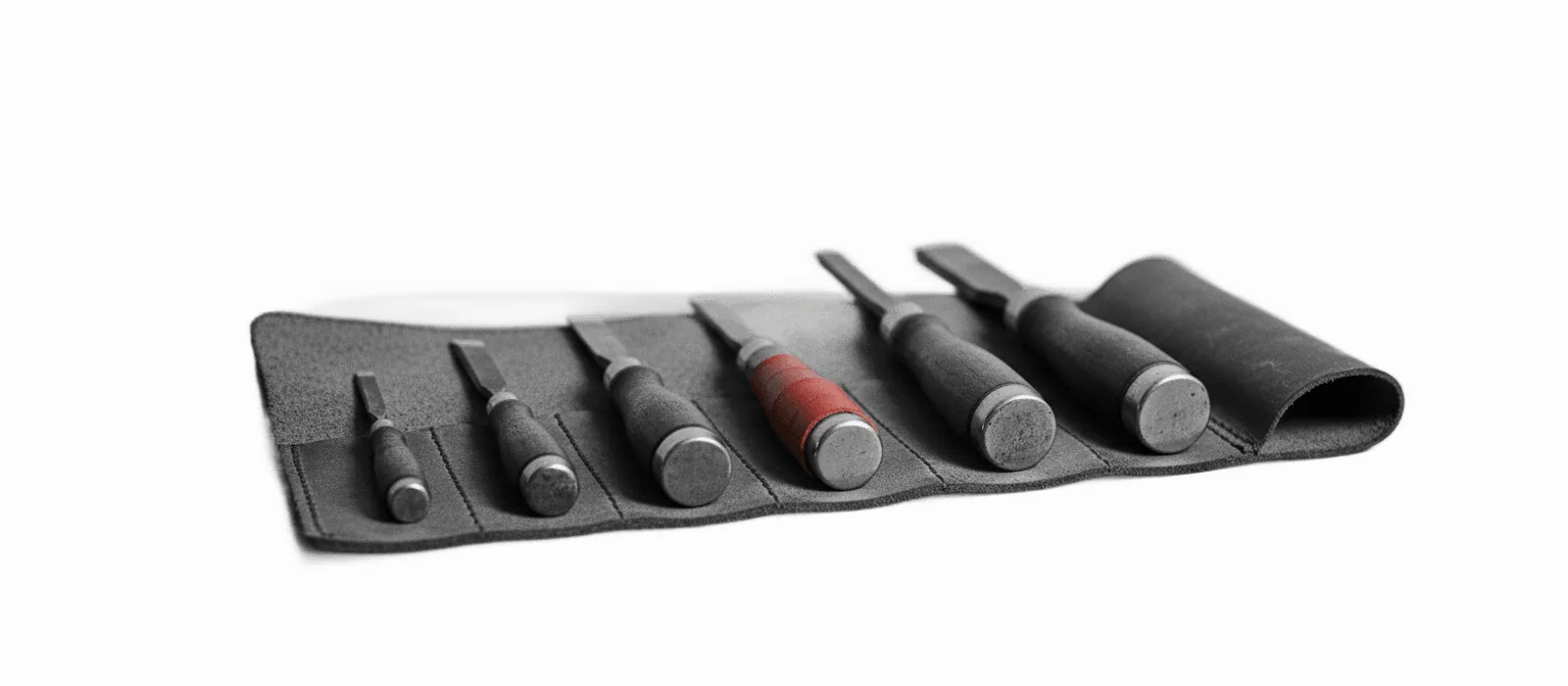 Worn leather cabinet maker's chisel roll laid open on an oak workbench, five vintage carving chisels arrayed in size order, the center chisel bound with a vivid red leather wrap — the single point of color in the frame