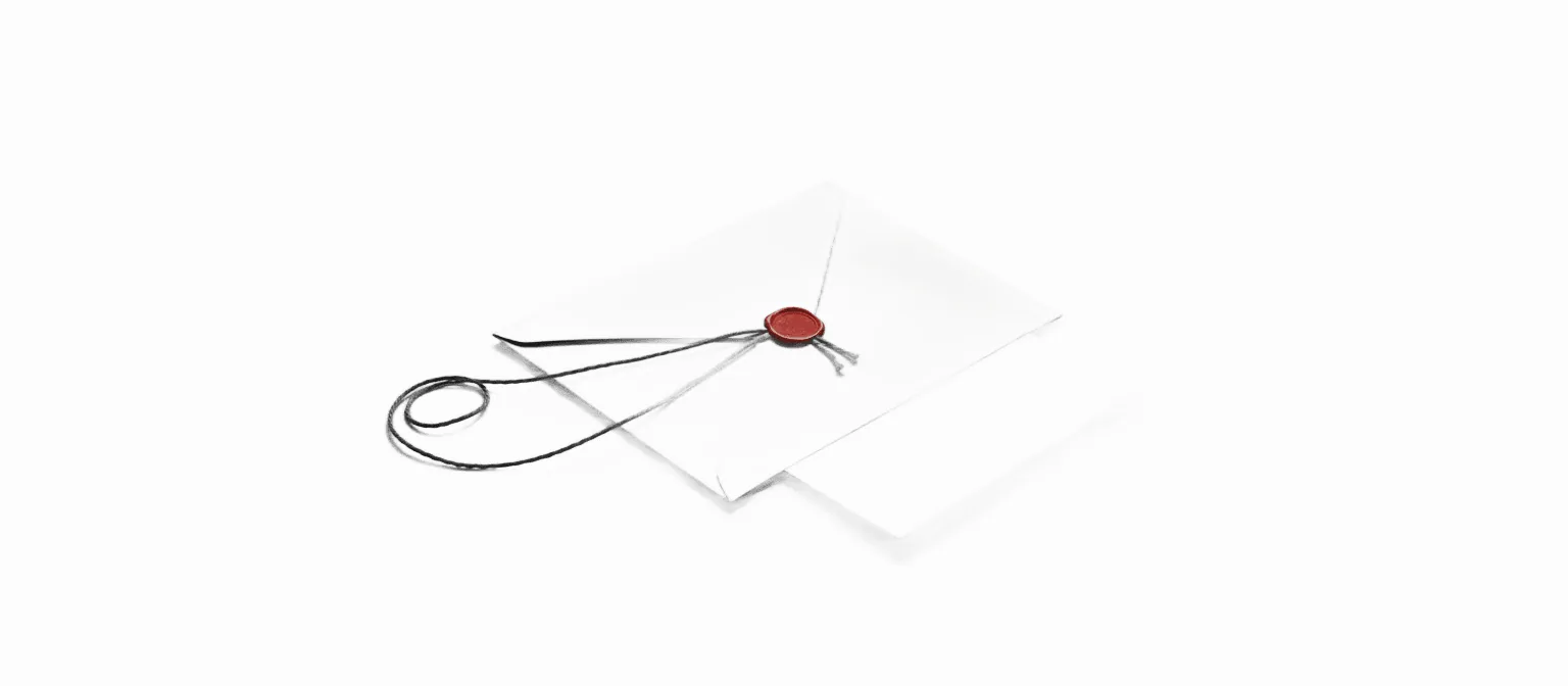 A black-and-white photograph of a manila envelope with its string-and-button closure unwound and a single clean sheet of paper sliding out, the closure button the only spot of color in the frame.