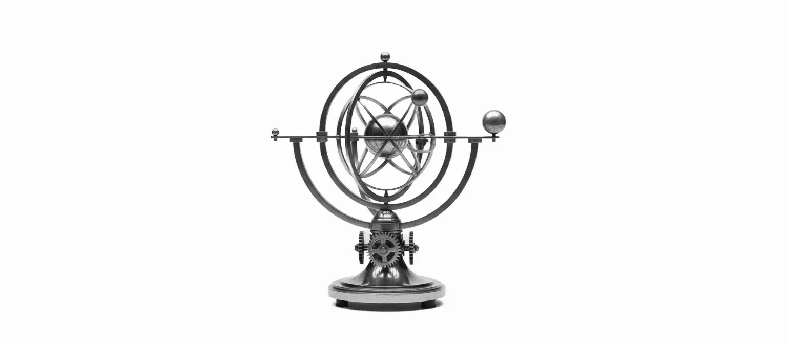 A black-and-white brass orrery mid-rotation with a single vivid red jewel — a machine that runs itself
